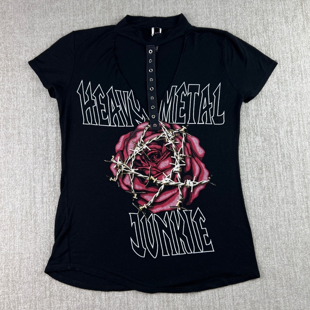 Y2K Heavy Metal Junkie T-Shirt Womens Medium Black Rose Barbed Wire Mall Goth